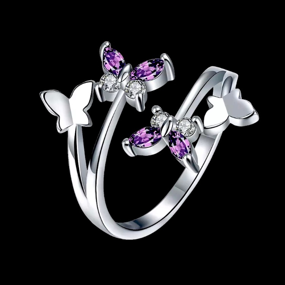 🌟 Sterling Silver Butterfly Purple Adjustable Ring